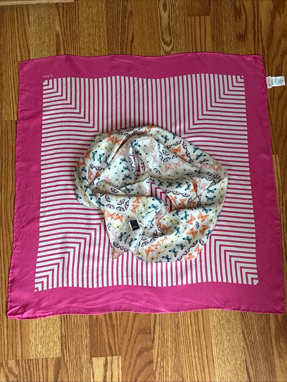 Lot of 2 Echo 100% Silk Hot Pink White Chervon Stripes Square Scarf & Butterfly
